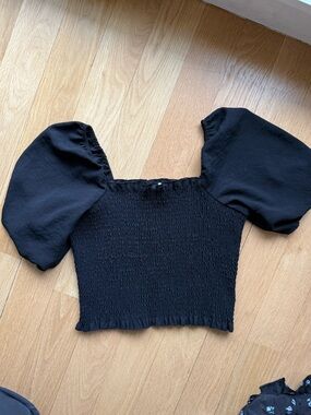 Leith Black Smocked Off-Shoulder Top with Puff Sleeves